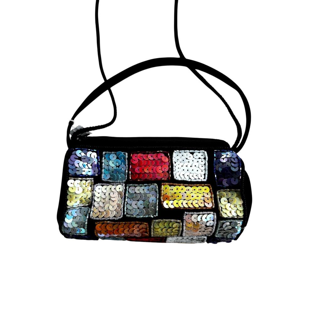 vintage 90s multicolor sequin color block evening bag- disco baguette purse
